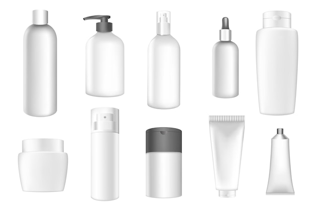 Pacchetti cosmetici mega set in design realistico 3d Elementi bundle di contenitori bianchi con spazi di testo vuoti di bottiglia di shampoo, tubo di crema, lozione, altro Illustrazione vettoriale oggetti grafici isolati