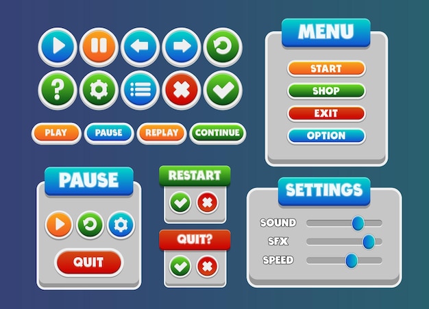 Pacchetto completo di interfaccia utente di gioco vettoriale con scheda menu pulsanti e altro ancora