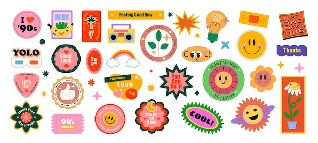 Pacchetto di adesivi Collezione di spille alla moda Set di design vettoriale di patch cool Cool adesivi retrò alla moda con facce sorridenti patch di etichette a fumetti dei cartoni animati Illustrazione vettoriale