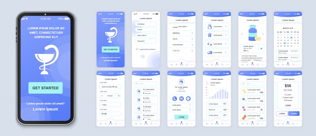 Pacchetto di app mobili Medicine di UI, UX, schermate della GUI per l'applicazione