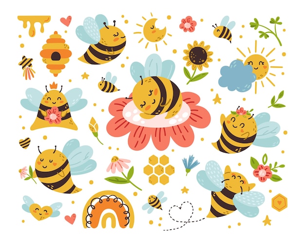 Pacchetto di clip art isolato bambini del fumetto dell'ape del miele Simpatico calabrone baby