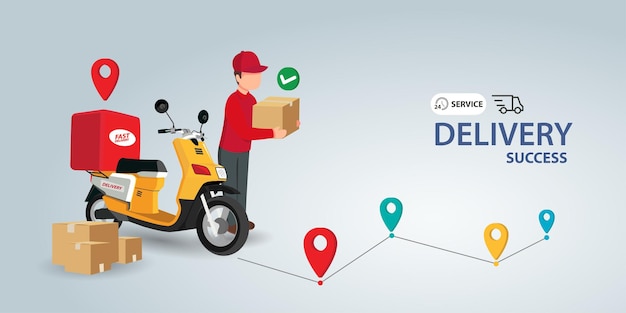 Pacchetto di consegna veloce in scooter su cellulare Ordina il pacchetto in Ecommerce tramite app