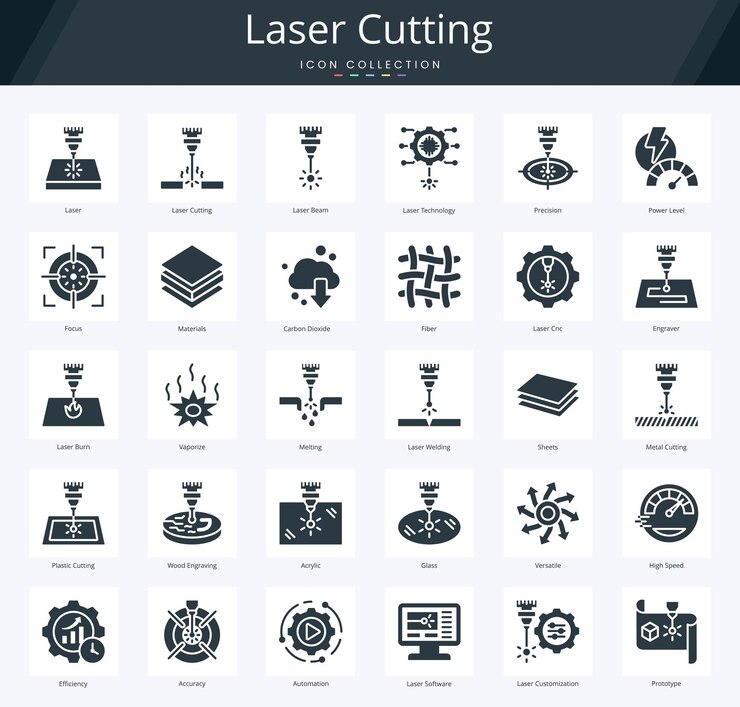 Pacchetto di icone a glifi per taglio laser per la taglio industriale di precisione e la tecnologia di prototipazione