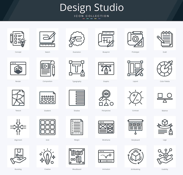 Pacchetto di icone di contorno dello studio di progettazione per l'identità visiva e gli strumenti di disegno