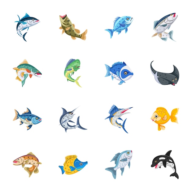 Pacchetto di icone piatte di animali acquatici