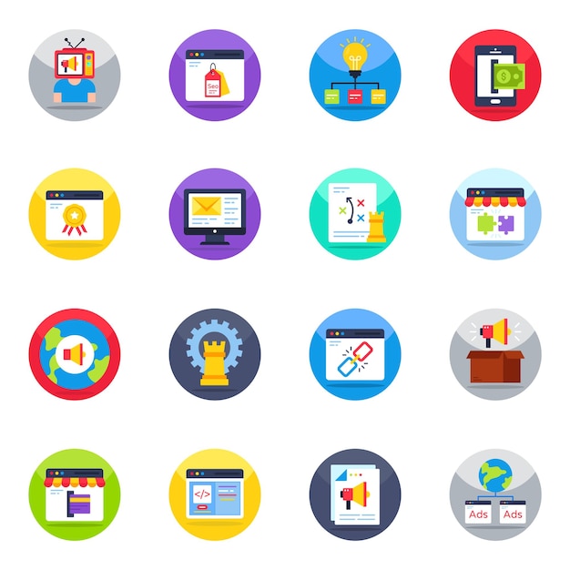 Pacchetto di icone piatte di marketing digitale