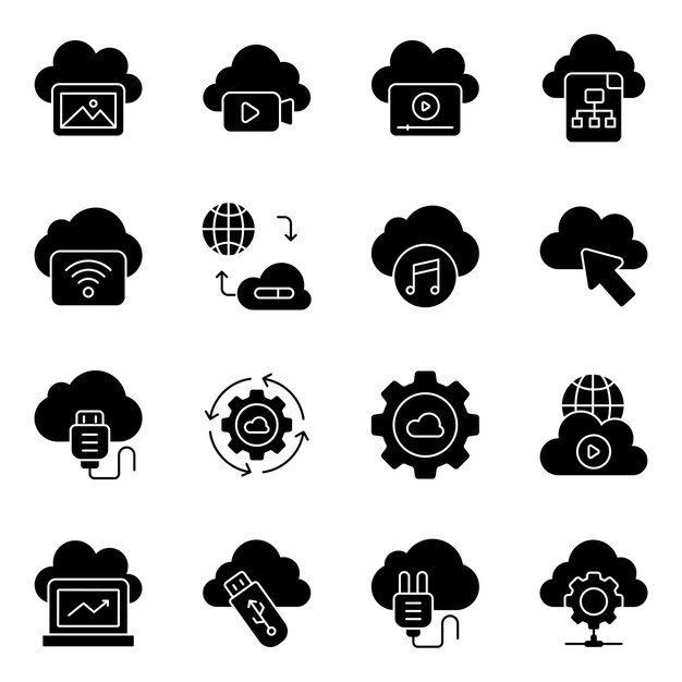 Pacchetto di icone solide della tecnologia cloud