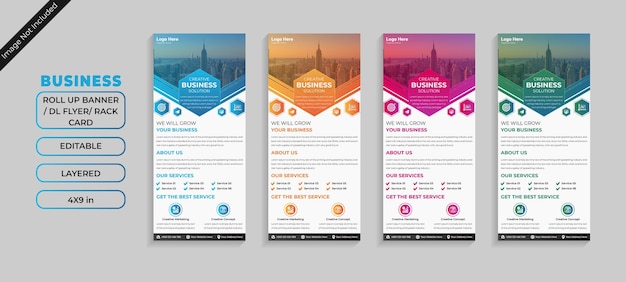 Pacchetto di modelli di design Business Rack Card o DL Flyer in tre diversi colori blu arancio rosa