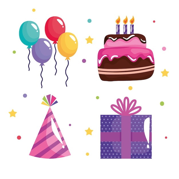 Pacchetto di quattro icone di celebrazione di compleanno di partito