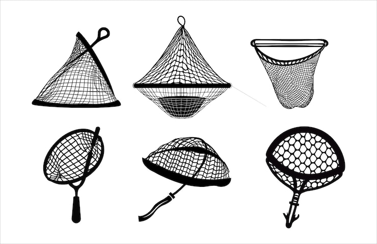 Vettore pacchetto di silhouette vettoriali per reti da pesca disegno della silhouette delle reti da pesca