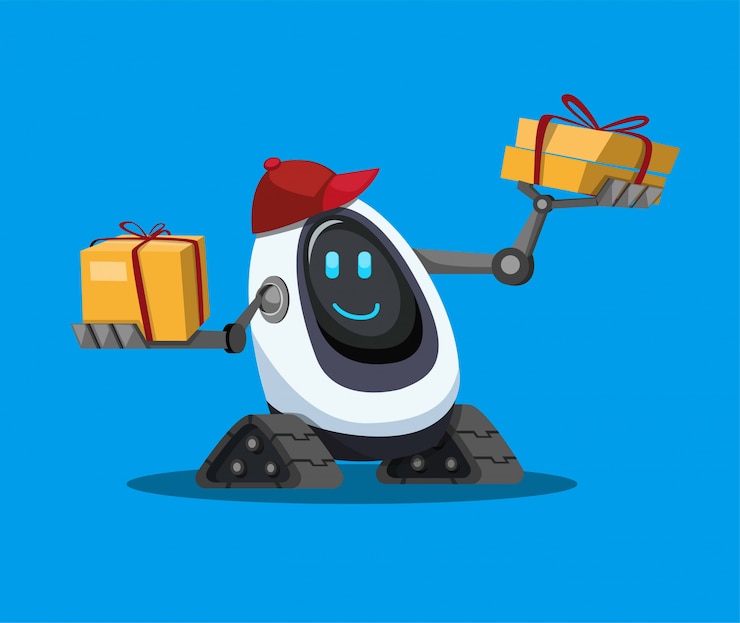 Vettore pacchetto di trasporto della scatola di cartone di assistenza del robot, consegna del robot del corriere al cliente nel vettore piano dell'illustrazione del fumetto