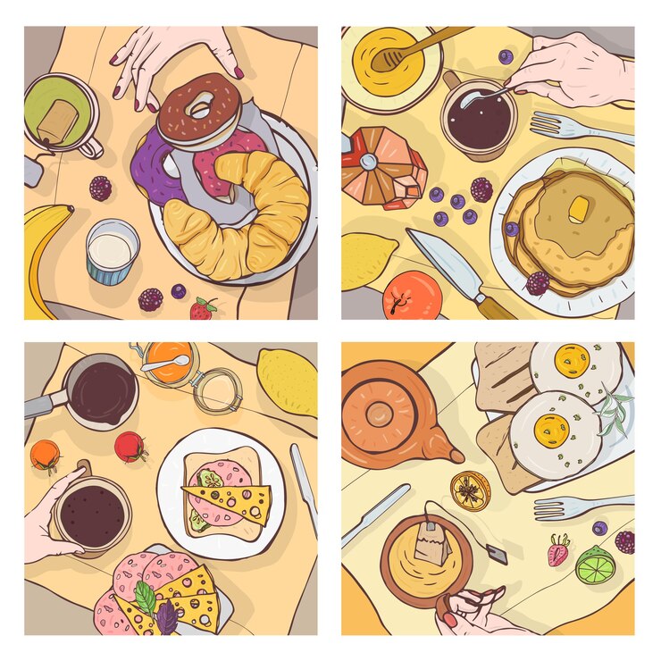 Vettore pacchetto di viste dall'alto di pasti per la colazione serviti, cibo delizioso, dessert dolci e mani di persone che lo mangiano