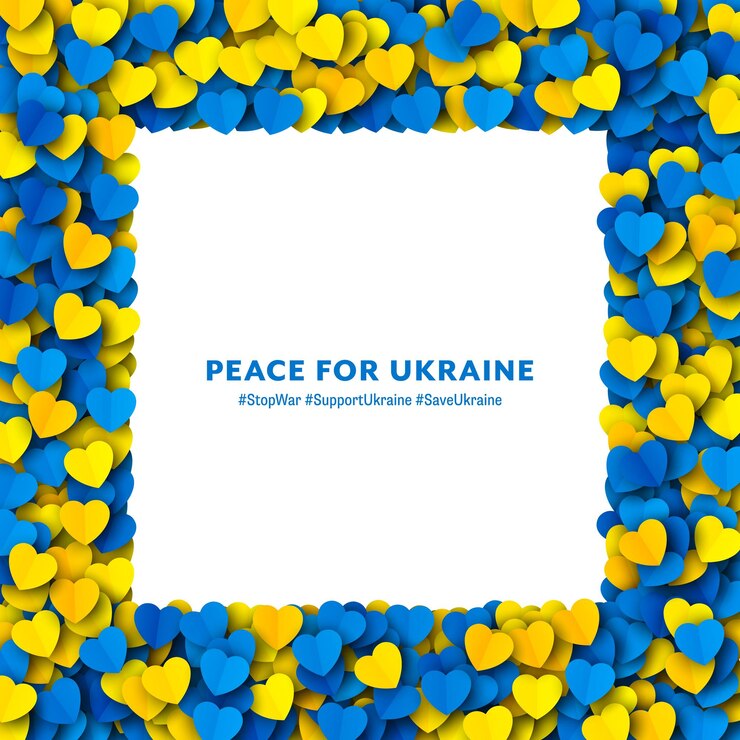 Vettore pace per l'ucraina carta vettoriale giallo blu cuori cornice quadrata isolato su sfondo bianco bandiera nazionale ucraina colori astratto bordo rettangolare supporto e salvare elemento di design del confine ucraino