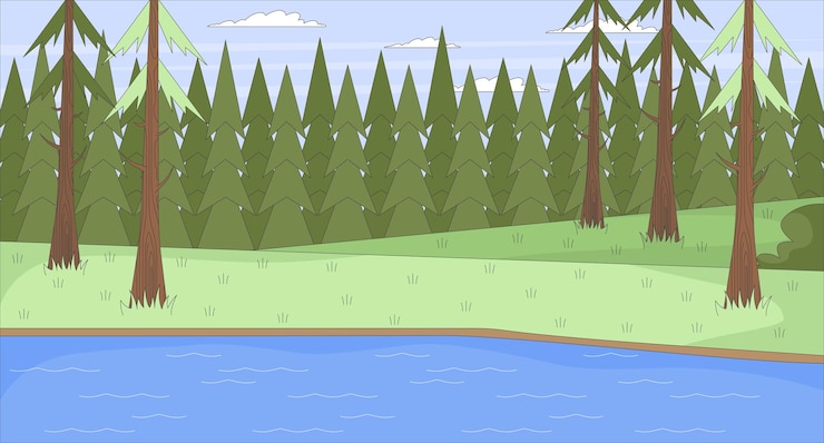 Vettore pacevole lago forestale con alberi di pino sfondo illustrato piatto