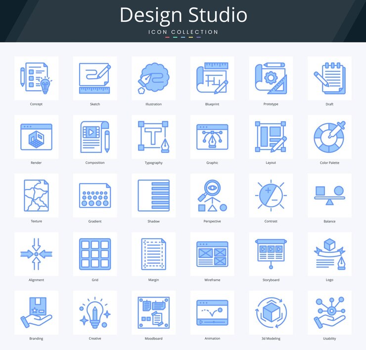 Pack di icone blu lineare per l'identità visiva e gli strumenti di disegno