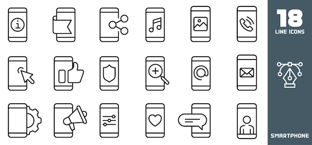 Pack di icone per smartphone Icone del telefono Icone di lavoro su carta Set di icone a linee sottili Set di raccolta di icone piatte Vettore semplice