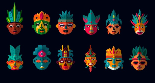 PACK VECTORIAL DE MASCARAS MAYAS AZTECAS CULTURA ANTIGUA