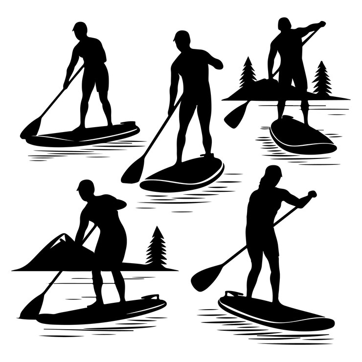 Vettore paddle boarding silhouettes iconic water sport avventura arte