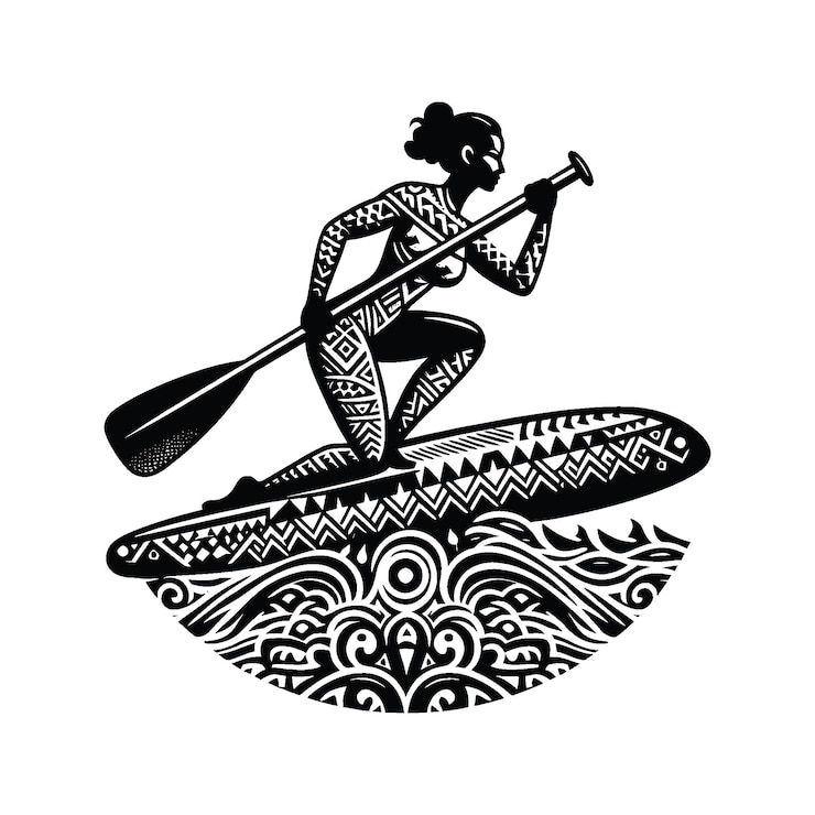 Vettore paddleboarding giocatore femminile in polinesia etnica modello illustrazione emblema scudo badge