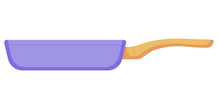 Padella viola con manico giallo per cucinare e friggere in uno stile piatto isolato su un bianco