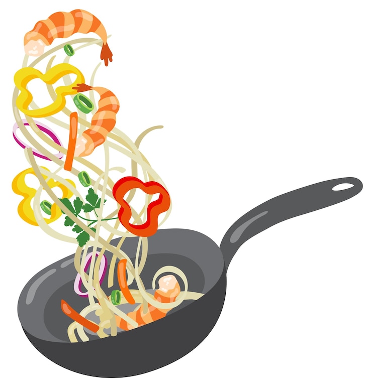 Vettore padella wok cinese con ingredienti fast food asiatico di strada illustrazione vettoriale disegnata a mano