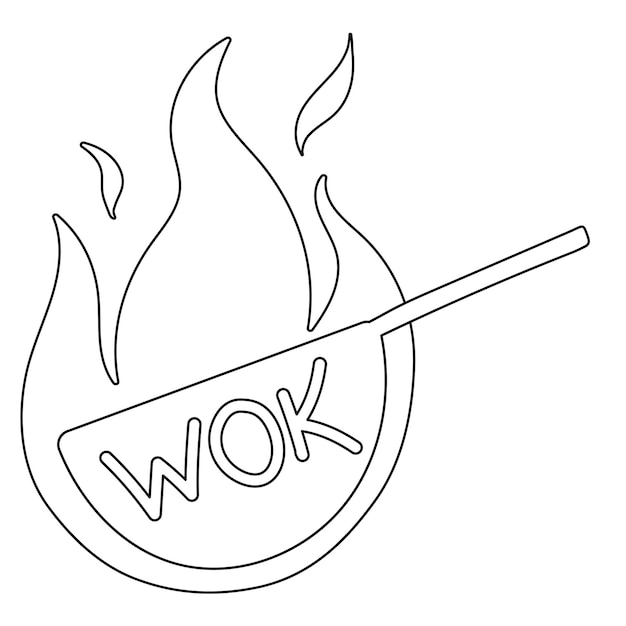 Padella wok con icona a fiamma in stile doodle piatto illustrazione vettoriale Wok logo Asian Food per caffè