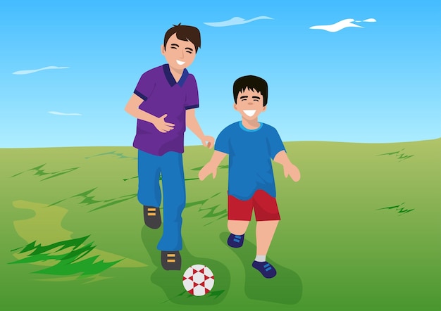 Padre e figlio che giocano a calcio durante il giorno famiglia felice e divertirsi insieme immagine vettoriale