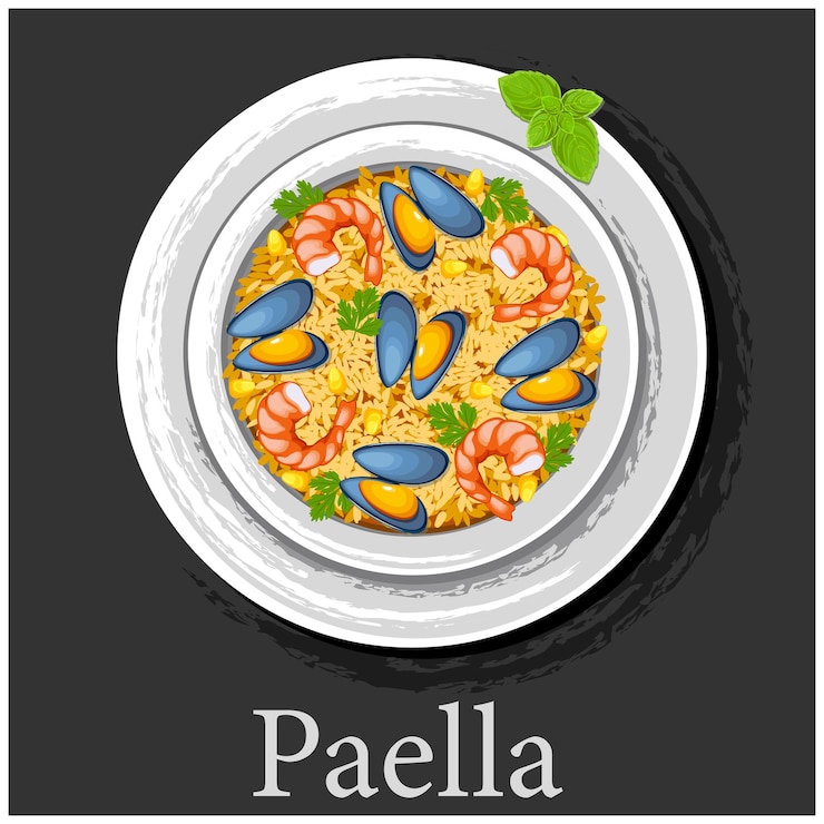Vettore paella ai frutti di mare piatto tradizionale spagnolo paella con gamberetti cucina latinoamericana