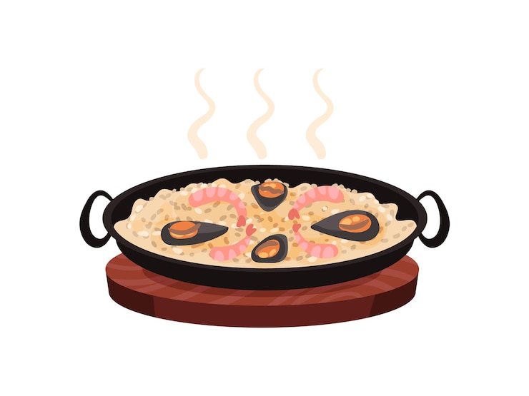 Vettore paella calda con gamberi e cozze su una tavola di legno rotonda illustrazione vettoriale su sfondo bianco