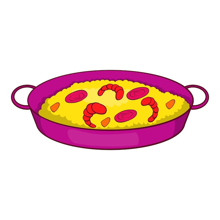 Vettore paella con frutti di mare sull'icona della padella nello stile del fumetto isolato su priorità bassa bianca