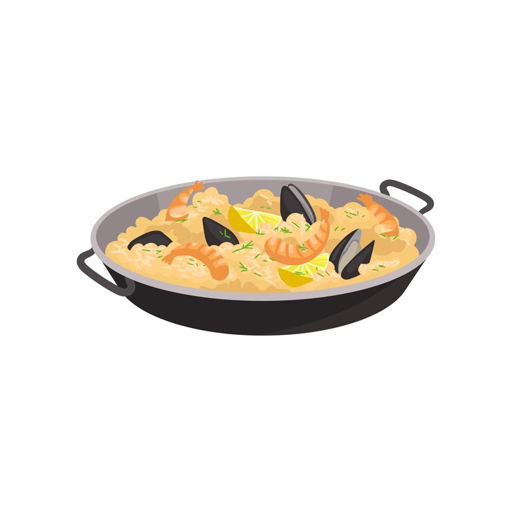 Vettore paella con ostriche di gamberi e fette di limone in padella nera piatto tradizionale spagnolo piatto vettoriale per volantino promozionale o menu
