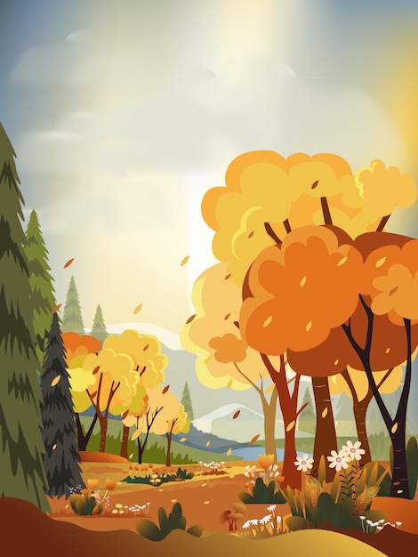 Paesaggi di panorama di fantasia della campagna in autunno, panoramica di metà autunno con campo di fattoria, montagne, erba selvatica e foglie che cadono dagli alberi nel fogliame giallo. Paesaggio di paese delle meraviglie nella stagione autunnale