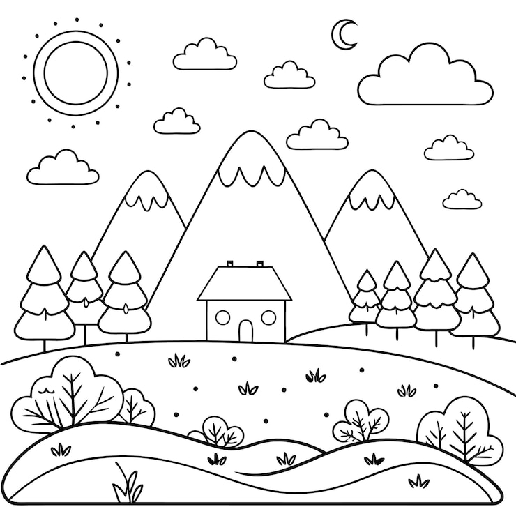 Vettore paesaggi disegnati a mano pagina da colorare illustrazione