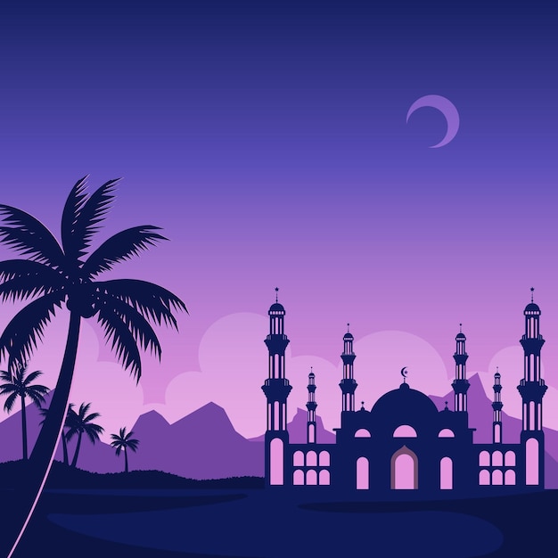 Paesaggio a silhouette piatta con moschea per eventi islamici, sfondo ramadan o eid mubarak