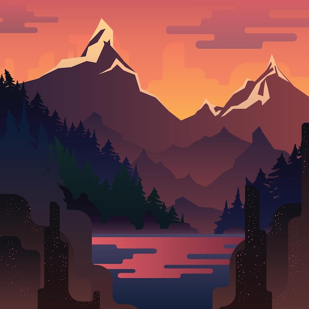 Paesaggio al tramonto con enormi montagne rosse e lago