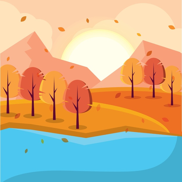 Paesaggio autunnale con alberi da un pacifico vettore di lago
