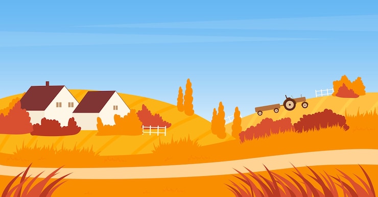 Vettore paesaggio autunnale con casa agricola, strada e trattore su un campo agricolo.
