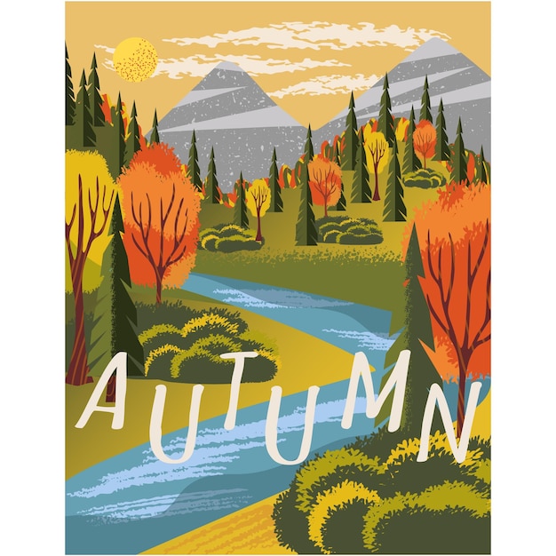 Paesaggio autunnale con il fiume della foresta monta il vettore