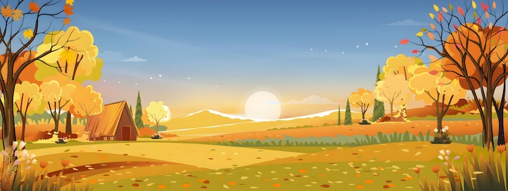Vettore paesaggio autunnale con un bel cielo alberi e sole