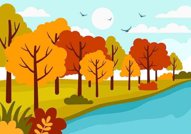 Paesaggio autunnale Illustrazione vettoriale di sfondo con montagne campi alberi e foglie autunnali