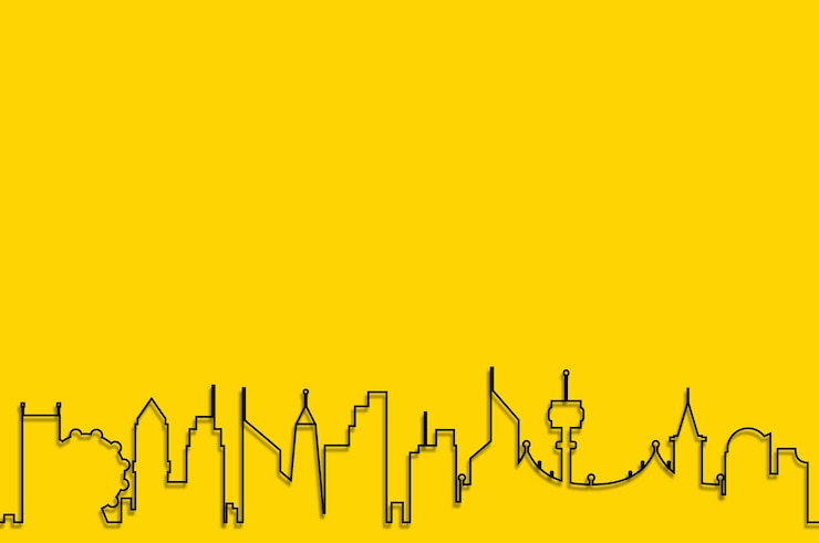 Vettore paesaggio cittadino edificio sullo sfondo giallo in stile linea per lo sviluppo urbano