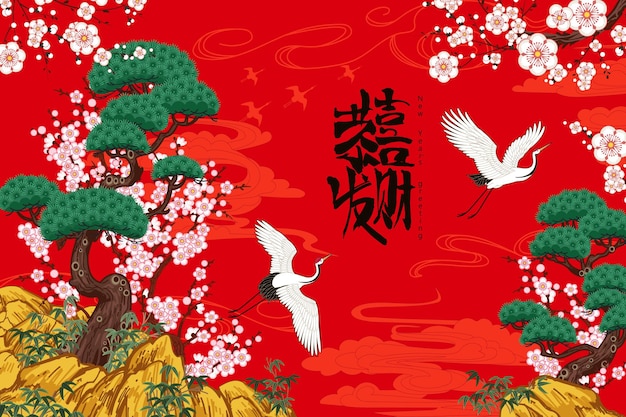 Paesaggio con alberi di pino e prugna in fiore Segno cinese significa auguri di Capodanno