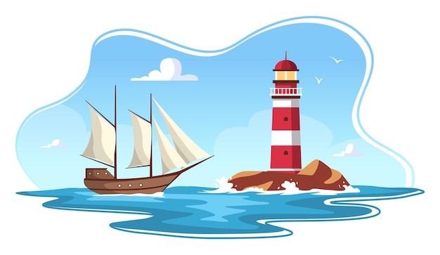 Paesaggio con barca a vela e faro in mare