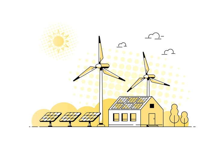 Paesaggio con casa moderna, pannelli solari e turbine eoliche. Eco House, Energy Effective House, Green Energy concept banner design. Illustrazione vettoriale di stile piatto.