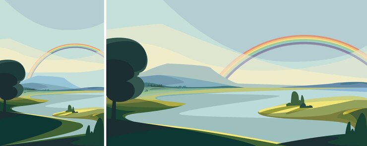 Vettore paesaggio con fiume e arcobaleno