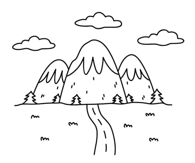 Paesaggio con montagne alberi di abete e una strada Vector illustrazione disegnata a mano in stile doodle Perfetto per carte banner di vari disegni