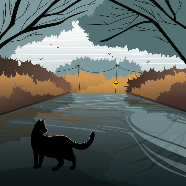 Paesaggio con un gatto che cammina sulla strada Illustrazione vettoriale