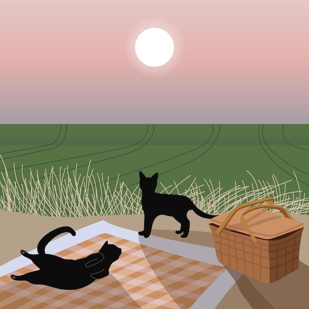 Paesaggio con un gatto pigro che riposa in terreni agricoli Illustrazione vettoriale