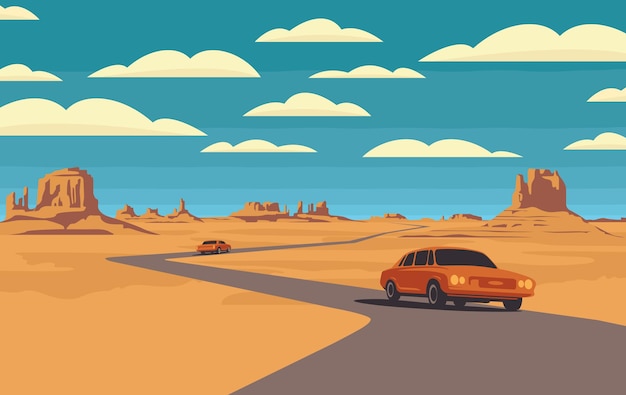 paesaggio con una strada nel deserto e un'auto