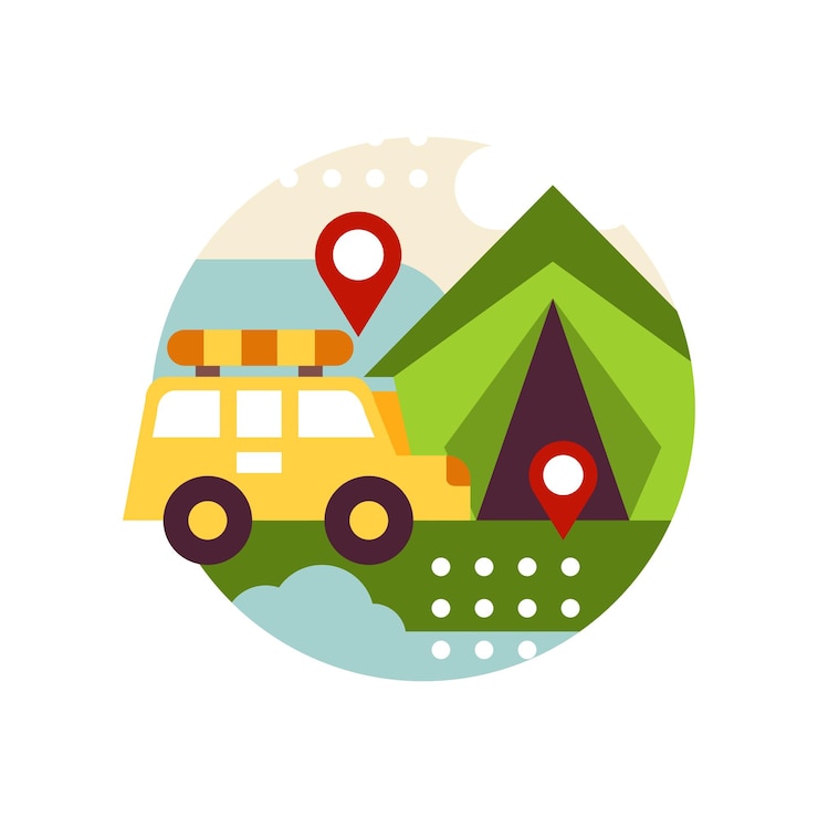 Vettore paesaggio creativo con autobus furgone retrò e tenda nel cerchio logo, segno di viaggio e campeggio, elemento di design per emblema o distintivo vettoriale illustrazione isolato su sfondo bianco.
